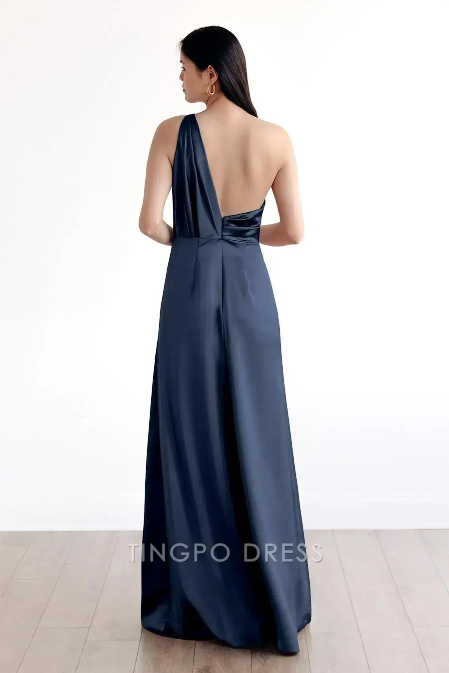 TingPo Wholesale Elegant One-Shoulder Solid Color Pleated Dress - Ruched Oblique Strap Summer Casual Dress